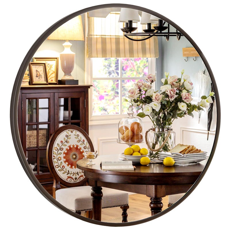 XRAMFY 24 Inch Round Mirror - Circle Mirrors for Bathroom, Entryway and Living Room Wall Decor, Modern Hanging Vanity Mirror, Matte Black Circle Decorative Wall Mirror - Image 2