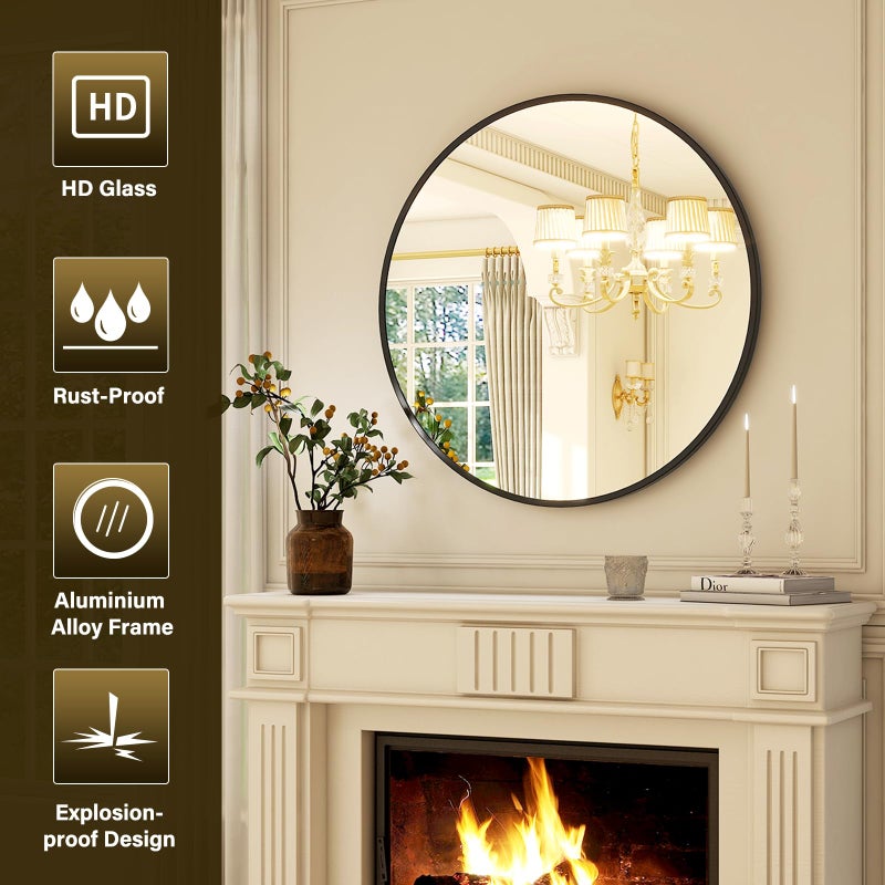 XRAMFY 24 Inch Round Mirror - Circle Mirrors for Bathroom, Entryway and Living Room Wall Decor, Modern Hanging Vanity Mirror, Matte Black Circle Decorative Wall Mirror - Image 4