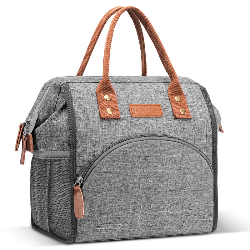 LOKASS Lunch Bag Women Insulated Lunch Box Wide-Open Lunch Tote Bag Large Drinks Holder Durable Nylon Thermal Snacks Organizer for Men Adults Work Picnic Hiking Beach Fishing,Grey - Image 1