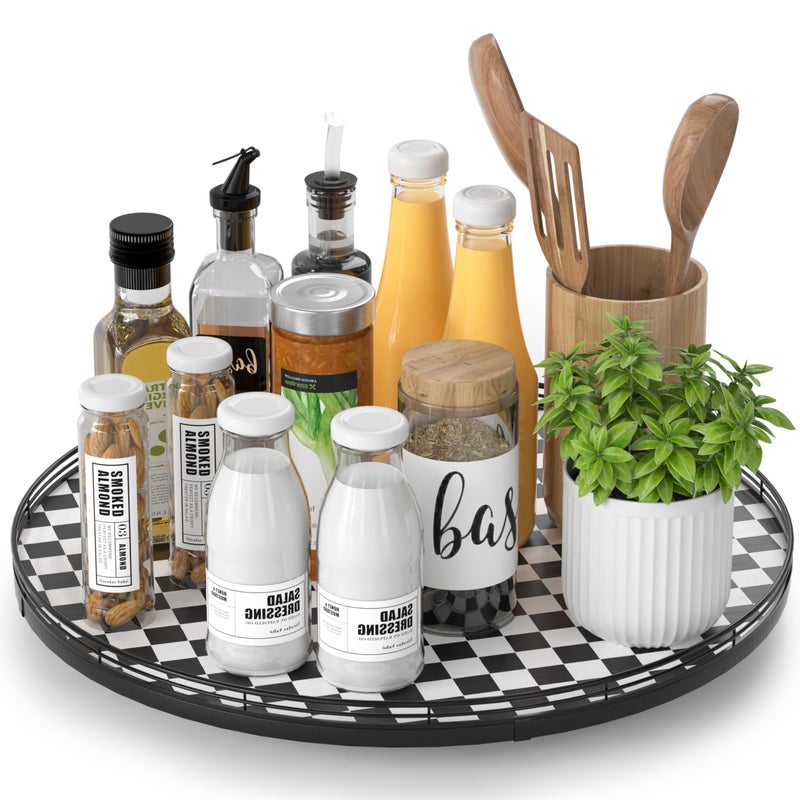 AMH 16" Black and White Kitchen Lazy Susan Turntable, Round Checkered Decorative Tray, Large Lazy Susan for Dining Table Centerpiece, Pantry, Kitchen, Bathroom, Countertop, Cupboard, Home Decor - Image 1
