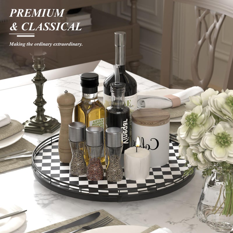 AMH 16" Black and White Kitchen Lazy Susan Turntable, Round Checkered Decorative Tray, Large Lazy Susan for Dining Table Centerpiece, Pantry, Kitchen, Bathroom, Countertop, Cupboard, Home Decor - Image 3