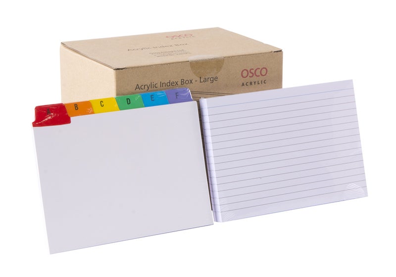 OSCO Clear Acrylic Index Box, Large, A to Z Divider Tabs, 100 Lined Note Cards, 7" x 5", Ruled Revision Flash Cards, Recipe Notes, Office Contact Filing, Desktop Organiser, 177 x 127 mm - Image 5