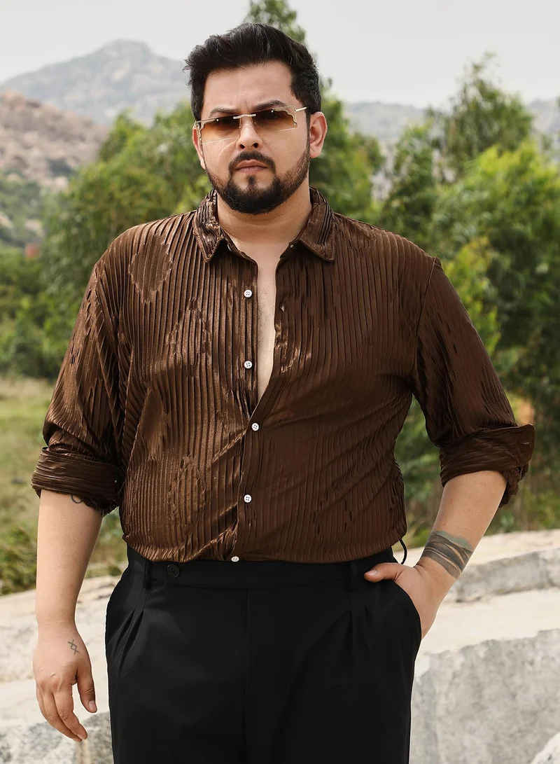 Instafab Plus Instafab Men's Chocolate Brown Pleated-Rhombus Shirt | Spread Collar , Long Cuffed Sleeves , Button Closure | Solid Pleated | Polyester-Blend Shirt For Party Wear