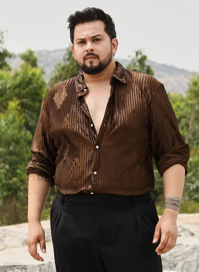 Instafab Plus Instafab Men's Chocolate Brown Pleated-Rhombus Shirt | Spread Collar , Long Cuffed Sleeves , Button Closure | Solid Pleated | Polyester-Blend Shirt For Party Wear