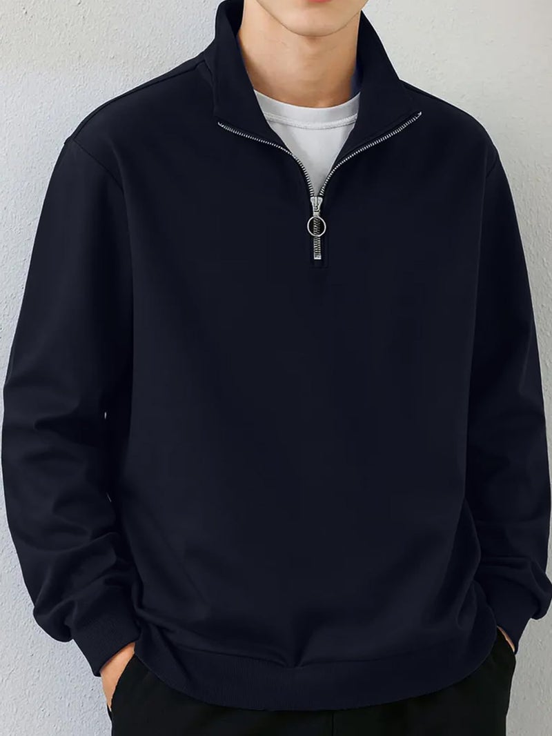 Jump Cuts Mens Solid Henley Neck Full Sleeve Navy Half Zipper LoopKnit Sweatshirt - Image 2