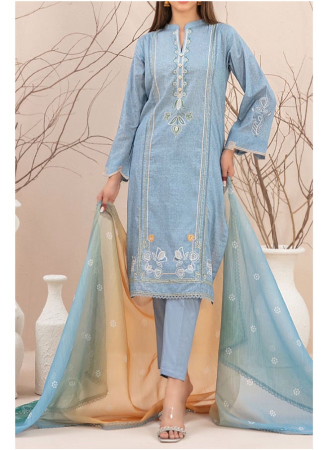 TAWAKKAL FABRICS Set of 3 Pieces Kurti with Bottom and Dupatta - Light Blue  - Image 1