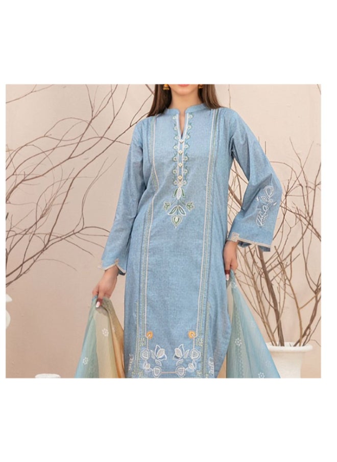TAWAKKAL FABRICS Set of 3 Pieces Kurti with Bottom and Dupatta - Light Blue  - Image 2