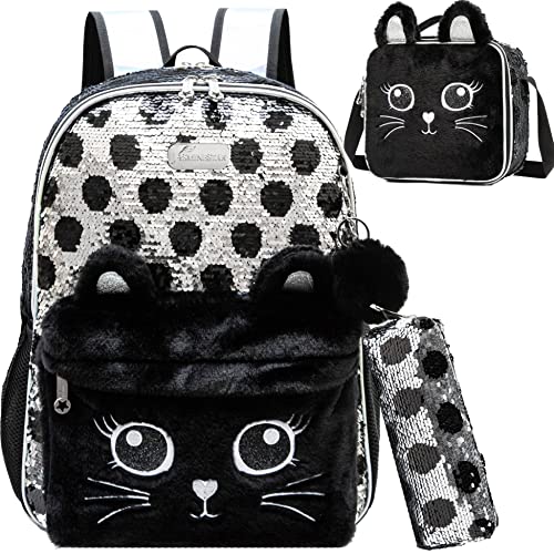 Meetbelify Cute Cat Backpack for Girls Sequin School Backpacks with Lunch Box for Elementary Students Kids Travel Bookbag Set 4 in 1 - Image 1