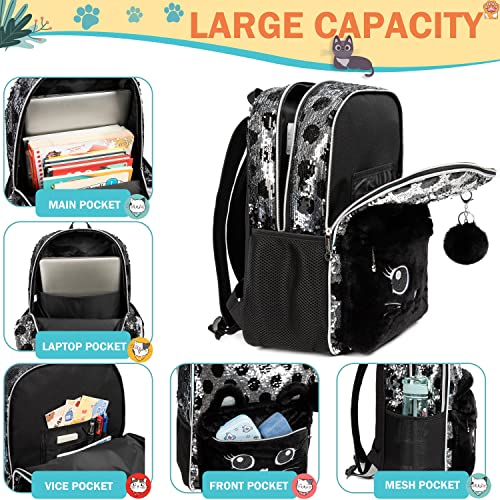 Meetbelify Cute Cat Backpack for Girls Sequin School Backpacks with Lunch Box for Elementary Students Kids Travel Bookbag Set 4 in 1 - Image 4