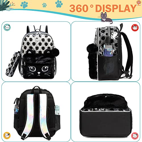 Meetbelify Cute Cat Backpack for Girls Sequin School Backpacks with Lunch Box for Elementary Students Kids Travel Bookbag Set 4 in 1 - Image 3