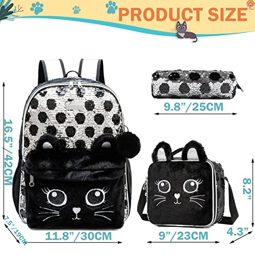 Meetbelify Cute Cat Backpack for Girls Sequin School Backpacks with Lunch Box for Elementary Students Kids Travel Bookbag Set 4 in 1 - Image 2