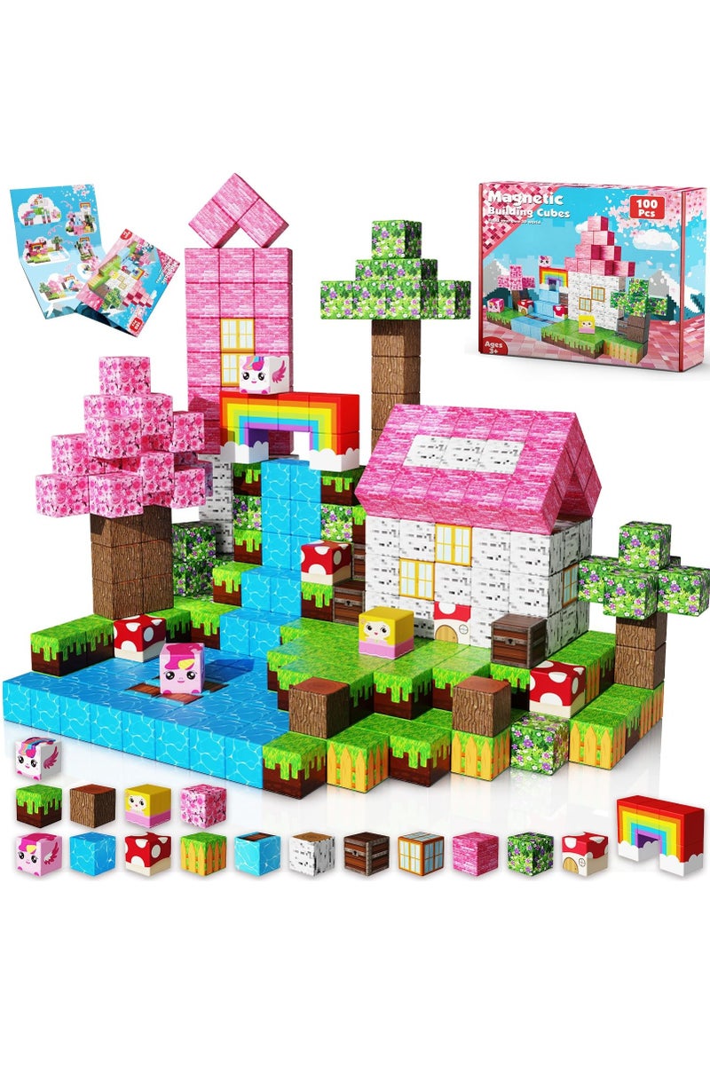 Beauenty Magnetic Blocks, 100 PCS Children's Building Toys, STEM Sensory Toys, Kids Magnet World Set, Themed Gift for Children Ages 3+ (Unicorn Home) - Image 1