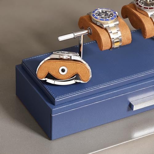 ROTHWELL Luxury Watch Display Case for 4 Watches – Leather Watch Box with Acrylic Cover and Removable Slide in Cushions – Accessory Drawer with Multiple Configurations (Blue/Tan) - Image 5