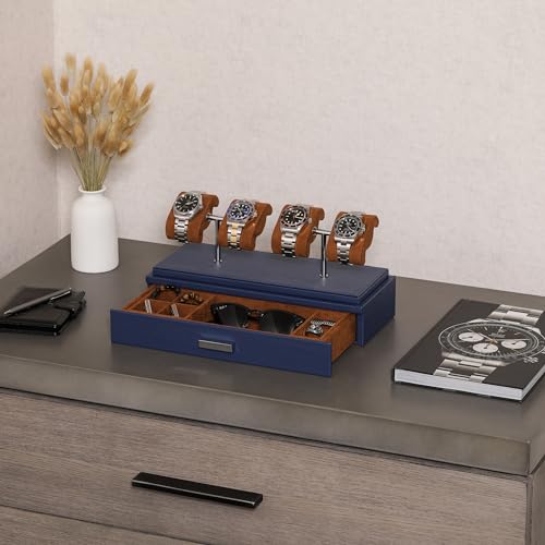 ROTHWELL Luxury Watch Display Case for 4 Watches – Leather Watch Box with Acrylic Cover and Removable Slide in Cushions – Accessory Drawer with Multiple Configurations (Blue/Tan) - Image 2