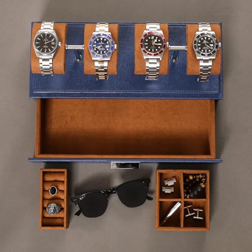 ROTHWELL Luxury Watch Display Case for 4 Watches – Leather Watch Box with Acrylic Cover and Removable Slide in Cushions – Accessory Drawer with Multiple Configurations (Blue/Tan) - Image 4