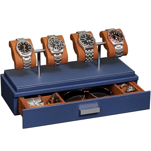 ROTHWELL Luxury Watch Display Case for 4 Watches – Leather Watch Box with Acrylic Cover and Removable Slide in Cushions – Accessory Drawer with Multiple Configurations (Blue/Tan) - Image 1