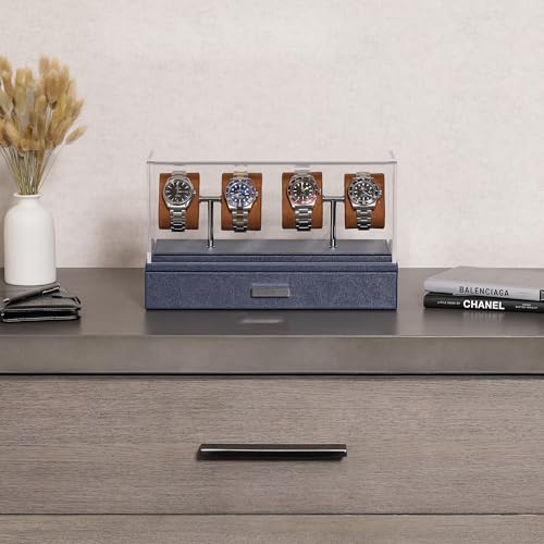 ROTHWELL Luxury Watch Display Case for 4 Watches – Leather Watch Box with Acrylic Cover and Removable Slide in Cushions – Accessory Drawer with Multiple Configurations (Blue/Tan) - Image 3