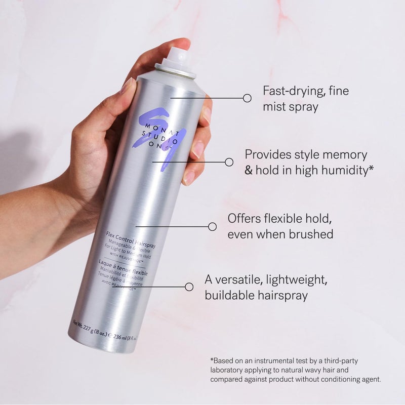 MONAT Studio Oneâ„¢ Flex Control Hairspray â€“ Light to Medium Buildable Hold â€“ Infused with REJUVENIQEÂ® â€“ Can be Used on Colored Hair â€“ Fresh Smelling Scent â€“ Style Memory for Humid Weather - Image 4