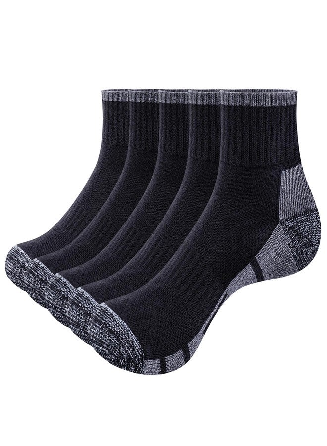 YUEDGE Men's Quarter Athletic Socks, Combed Cotton Cushioned Running Socks, Anti-Blister Moisture Wicking Ankle Socks for Gym Golf Daily Casual, Size 10-13, Black, 5 Packs - Image 1