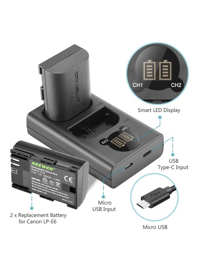 Neewer LP-E6 LP-E6N Battery Charger Rechargeable Batteries Set Compatible with Canon 5D Mark II III IV 80D 70D 60D 6D EOS 5Ds 5D2 5D3 5DSR 5D4 and More (2-Pack 2000mAh, Dual USB and Type-C Input)  - Image 2