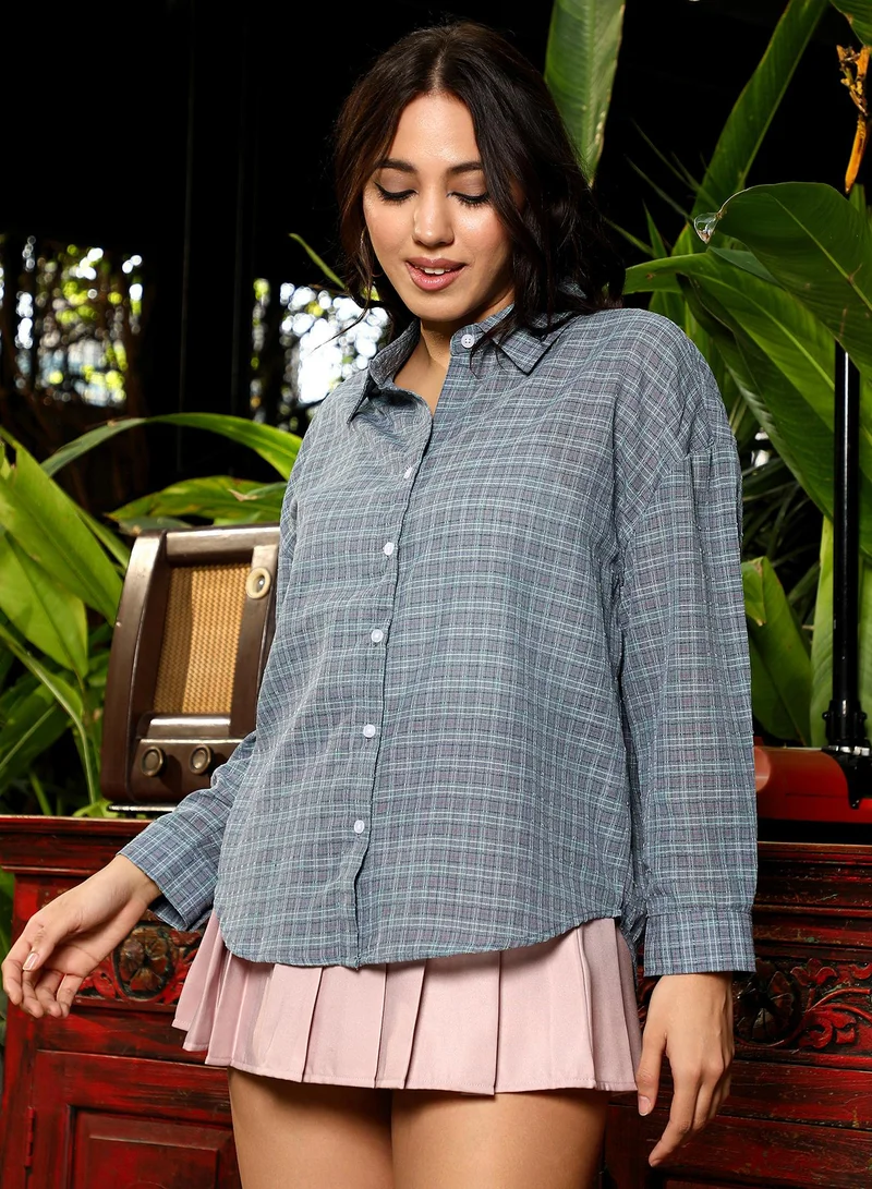 بينيا كولادا Women's Micro-Plaid Oversized Shirt | Spread Collar , Long Button-Cuff Sleeves, Button Closure | Plaid Plain Woven Shirt For Casual & Daily Wear | Moon Grey