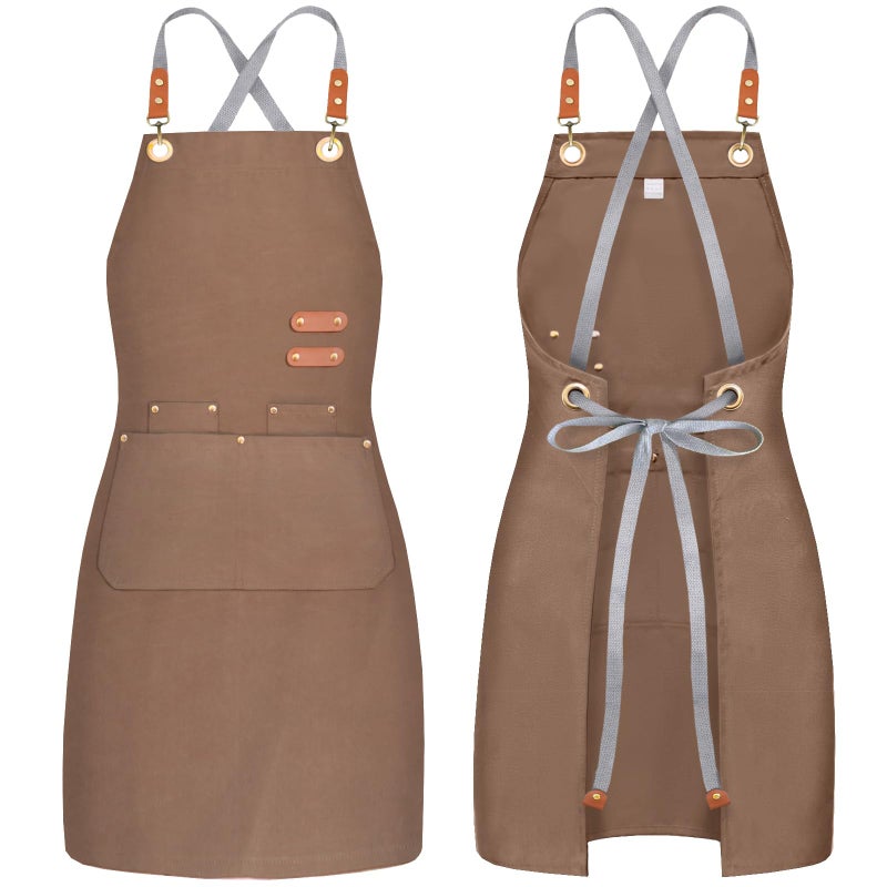 BeLuyi chef apron bib tool apron for man woman cross back straps with 4 pockets for kitchen cooking gardening baking working(brown) - Image 1
