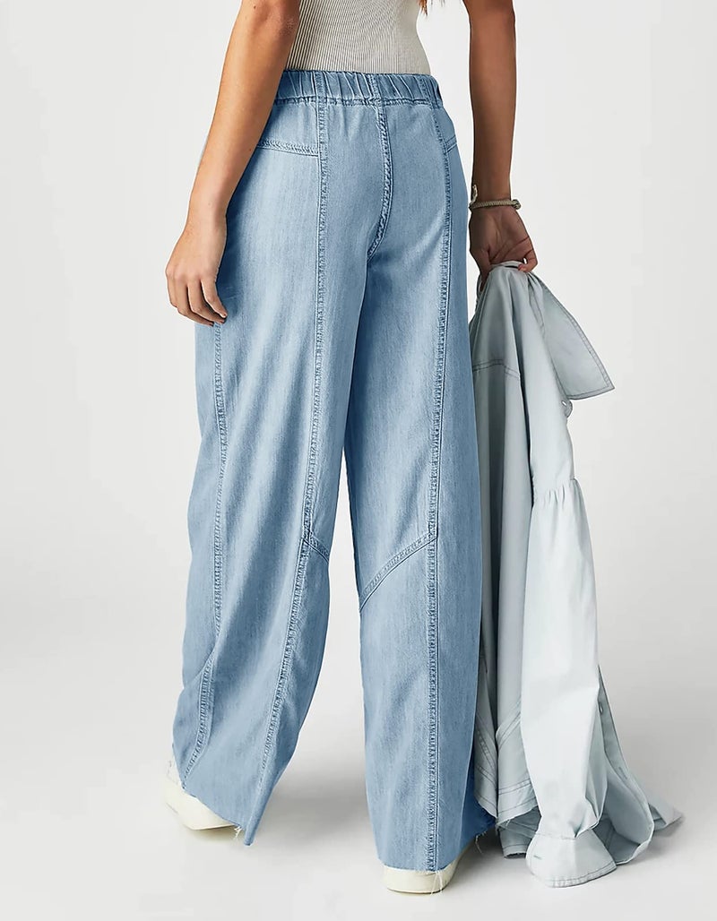 Mafulus Women's Wide Leg Jeans Elastic High Waisted Baggy Jeans Loose Fit Seemed Front Denim Pants Light Blue - Image 2
