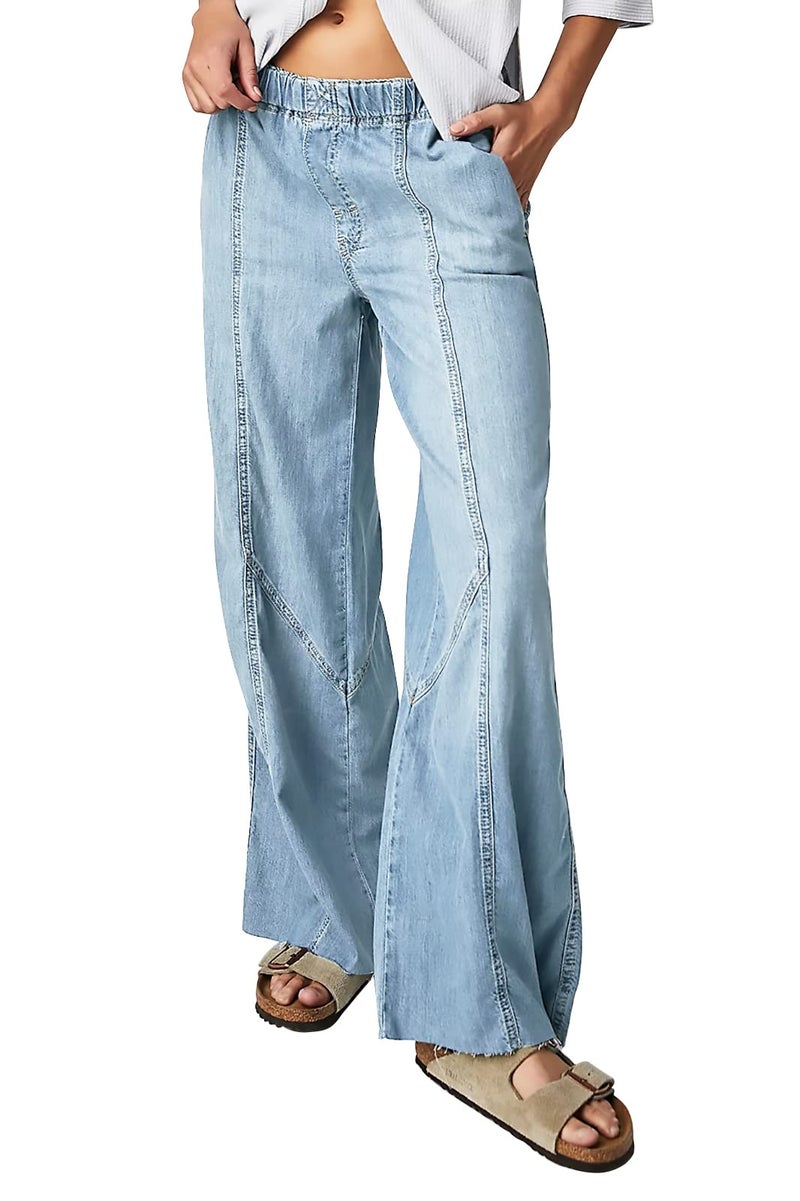 Mafulus Women's Wide Leg Jeans Elastic High Waisted Baggy Jeans Loose Fit Seemed Front Denim Pants Light Blue - Image 1