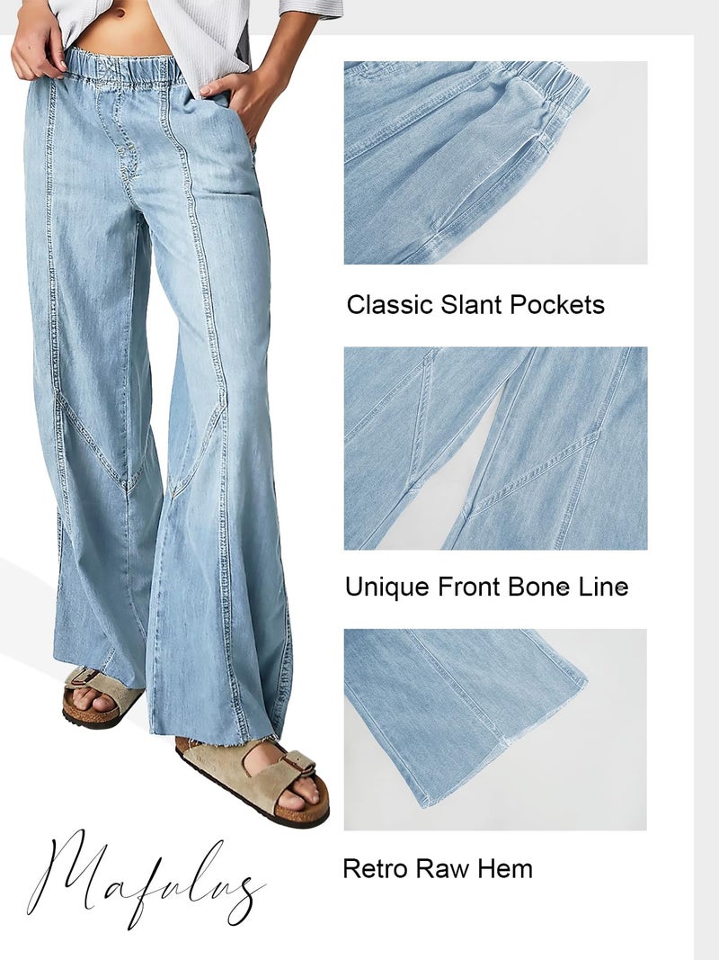Mafulus Women's Wide Leg Jeans Elastic High Waisted Baggy Jeans Loose Fit Seemed Front Denim Pants Light Blue - Image 3