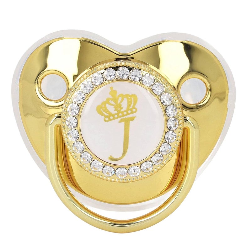 klarako Baby Pacifier, Silicone Golden Letter Pacifier Fashionable Rhinestone Exquisite Alloy with Chain Clip for Home Travel (J) - Image 1