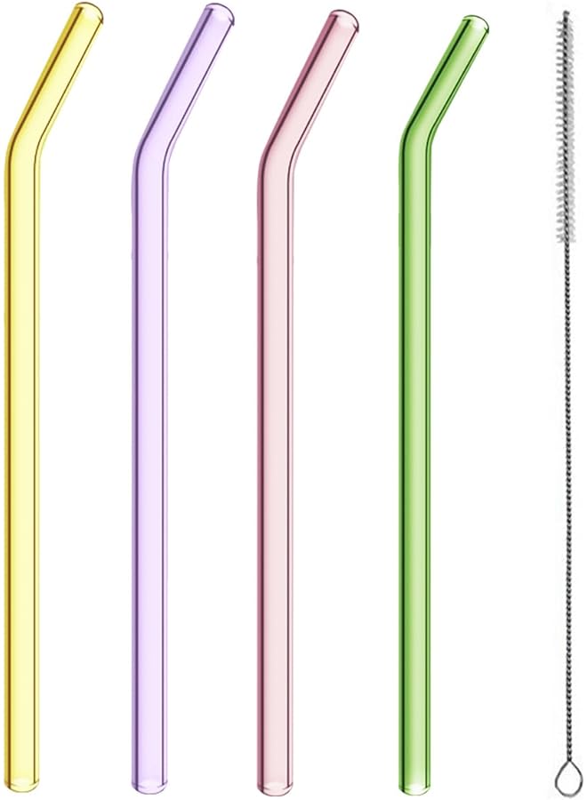 ECVV Glass Colorful Straw Set 5 Pieces 4 X Straws 1 X Brush Healthy And Eco Friendly Suitable For Everyday Drinking Breadfast Juice - Image 1