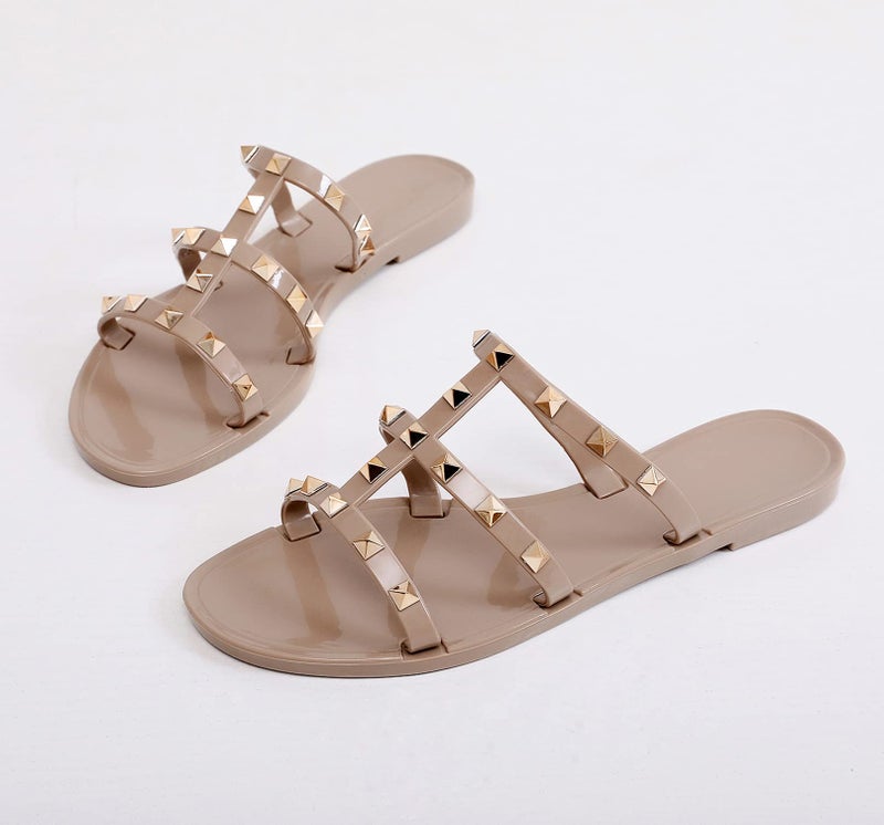 OMGard Womens Studded Sandals Jelly Shoes Woman Summer Beach Jellies Flats Size 6 Beige Ladies Walking Slides with Rivets Cute Dress Open Toes Slippers Comfort Slip On - Image 2