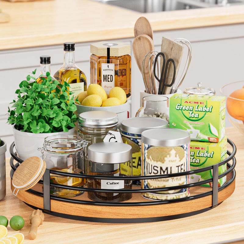 OVICAR 12" Lazy Susan Turntable Organizer - Oak Wood Lazy Susan for Cabinet Kitchen Countertop Dining Table Pantry Cupboard Bathroom Coffee Bar Storage Spice Rack Home Decor - Image 3