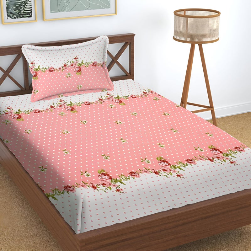 STARNSTYLE Premium 160 TC Ezyption Cotton Bedsheet for Single Bed with 1 Pillow Covers Soft Brethable Wrinkle Free Pink White - Image 2