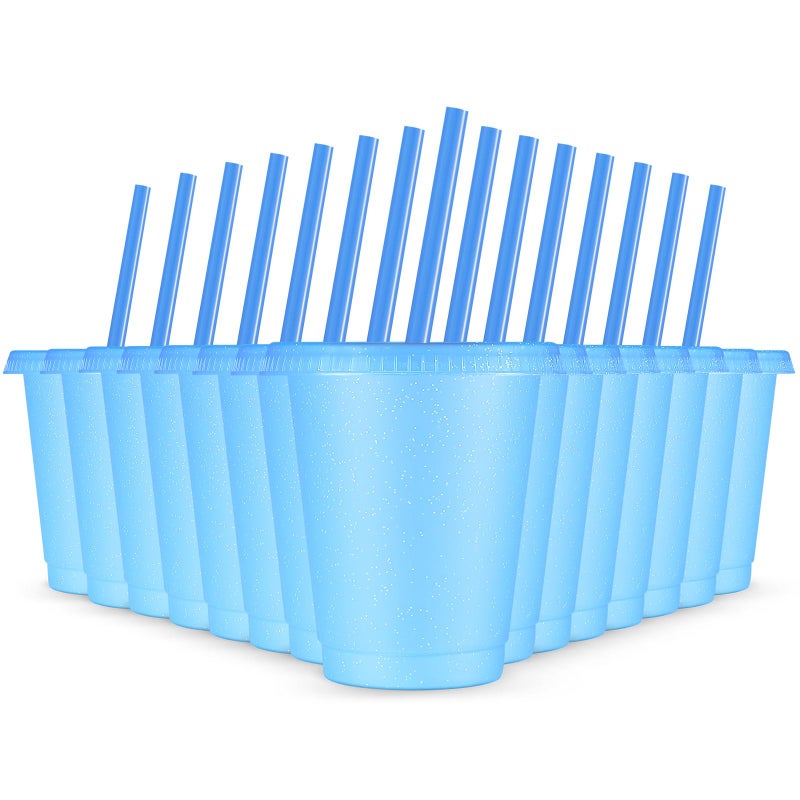 Rtteri 15 Pcs Reusable Cups with Straws and Lids 16 oz Glitter Tumblers Plastic Party Favor Cups with Lids Travel Mug Tumbler for Easter Graduation Party Iced Beverage WaterLight Blue - Image 2
