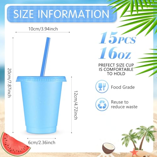 Rtteri 15 Pcs Reusable Cups with Straws and Lids 16 oz Glitter Tumblers Plastic Party Favor Cups with Lids Travel Mug Tumbler for Easter Graduation Party Iced Beverage WaterLight Blue - Image 3
