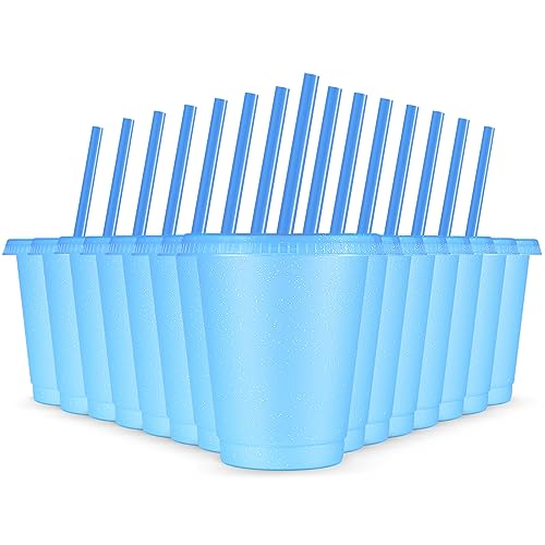 Rtteri 15 Pcs Reusable Cups with Straws and Lids 16 oz Glitter Tumblers Plastic Party Favor Cups with Lids Travel Mug Tumbler for Easter Graduation Party Iced Beverage WaterLight Blue - Image 1