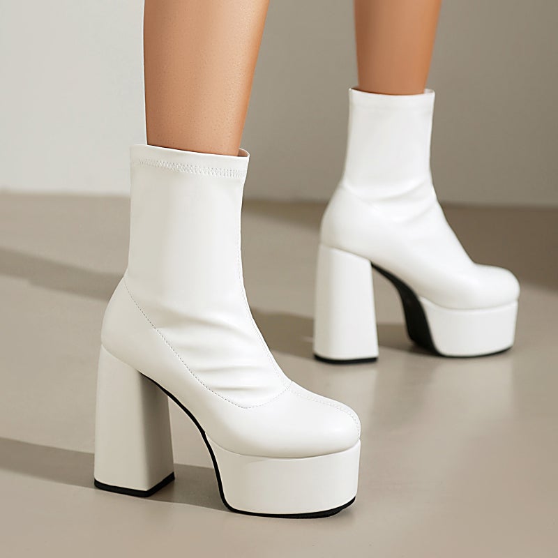 Independent Station Punk Style Thick Bottom High Heel 40-48 Solid Color Round Head Low Tube Women'S Boots Tide - Image 2