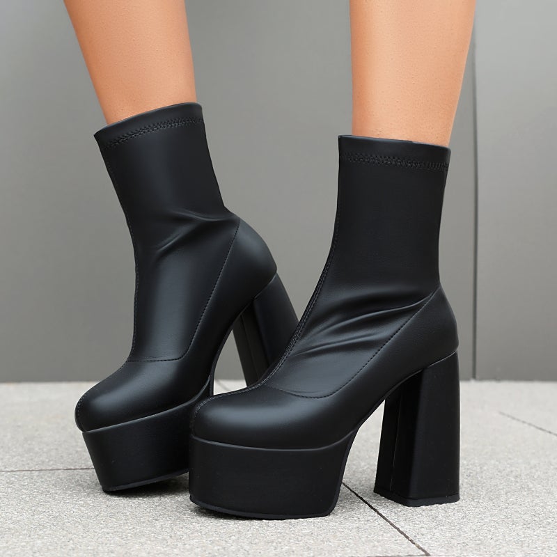 Independent Station Punk Style Thick Bottom High Heel 40-48 Solid Color Round Head Low Tube Women'S Boots Tide - Image 5