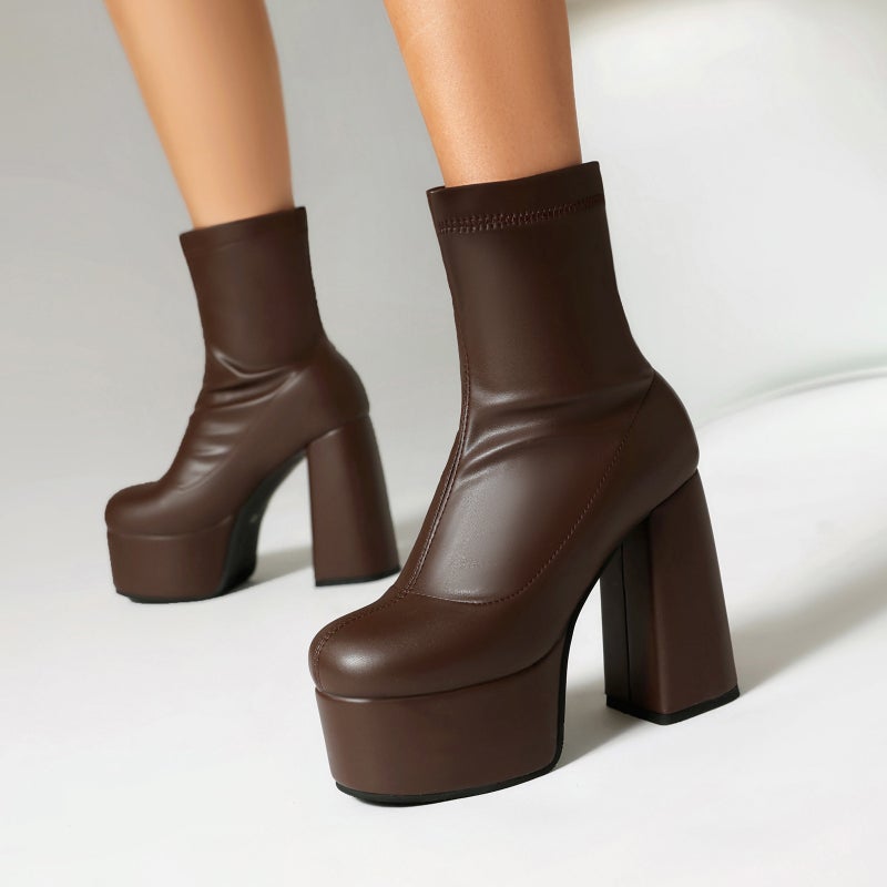 Independent Station Punk Style Thick Bottom High Heel 40-48 Solid Color Round Head Low Tube Women'S Boots Tide - Image 4