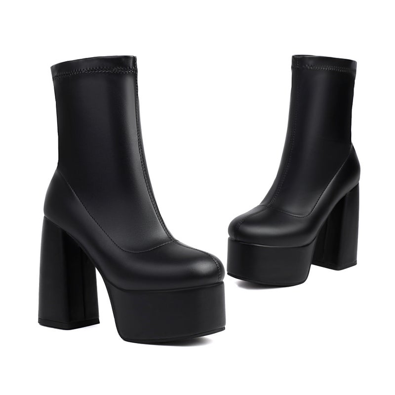 Independent Station Punk Style Thick Bottom High Heel 40-48 Solid Color Round Head Low Tube Women'S Boots Tide - Image 1