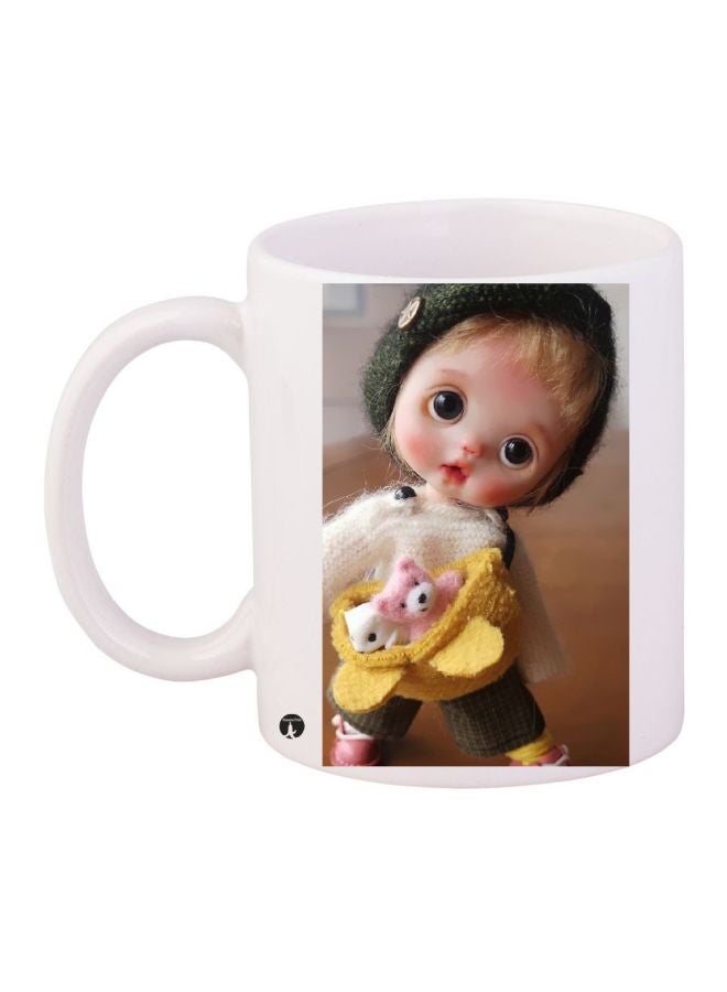 RYN Doll Printed Coffee Mug White/Brown/Yellow 11ounce
