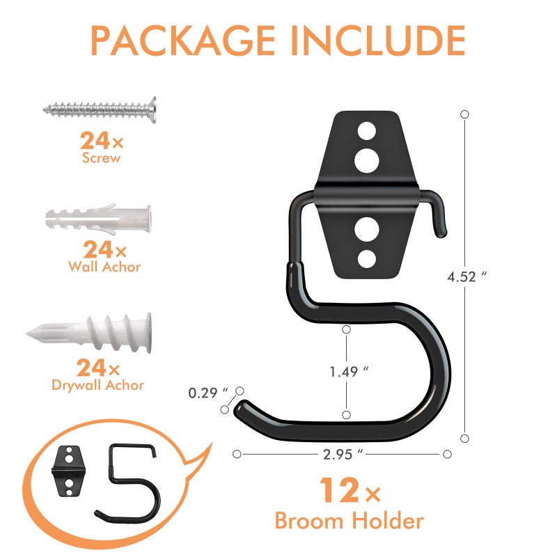 LIGHT DUST Broom Holder Wall Mount - 12 Pack Tool Hangers Garage Wall Hanging Organizer - Heavy Duty Metal Large S Hooks for Mop Shovel Rake Shed Garden Lawn Yard Handle Tools Organization (Black) - Image 2