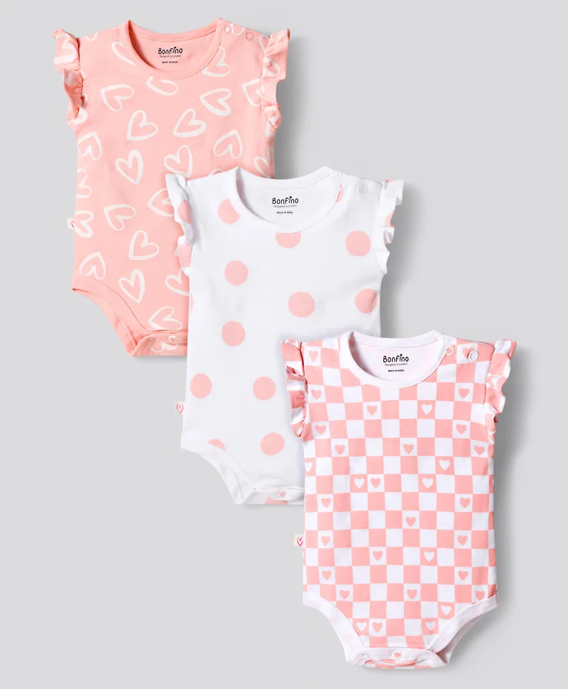 Bonfino Bonfino 100% Cotton Heart Printed Flutter Sleeves Onesies (Pack of 3) - Pink & White