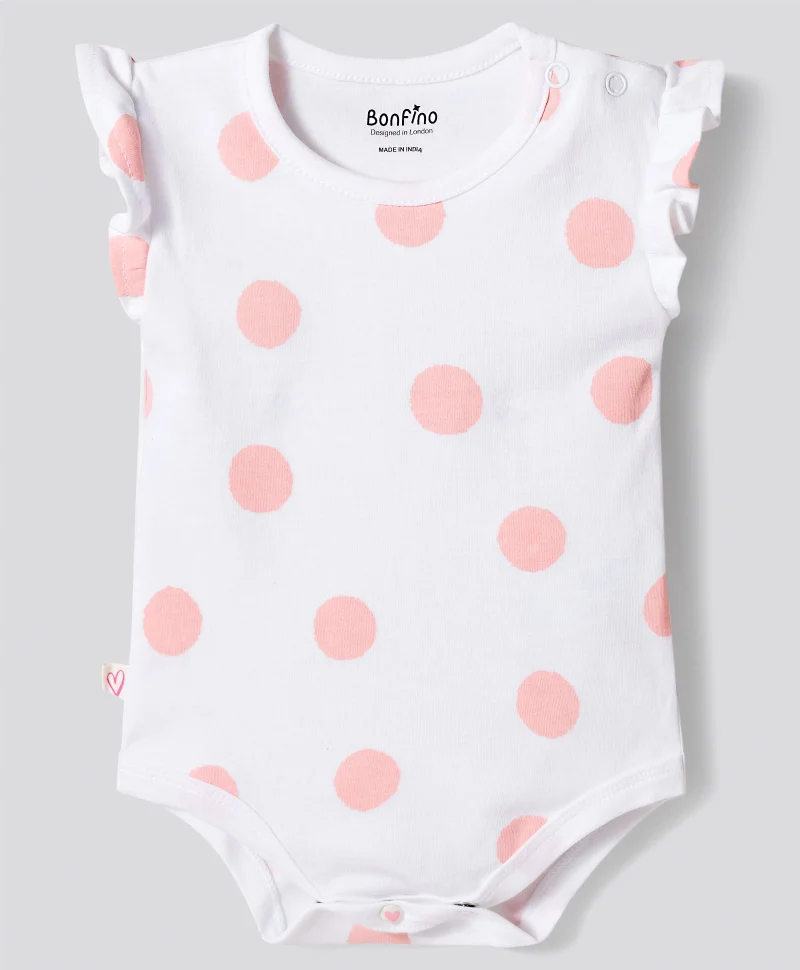 Bonfino Bonfino 100% Cotton Heart Printed Flutter Sleeves Onesies (Pack of 3) - Pink & White