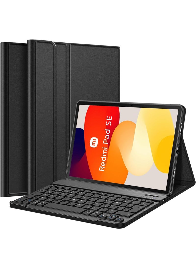 فكرة جراب Fekra مع كيبورد لساعة Xiaomi Redmi Pad SE 11 بوصة (2023)، تصميم نحيف مع غطاء حماية ولوحة مفاتيح لاسلكية قابلة للفصل مغناطيسيًا بنظام QWERTZ الألماني، يوفر تجربة استخدام مريحة ويحوّل التابلت إلى جهاز شبيه باللابتوب. - Image 1