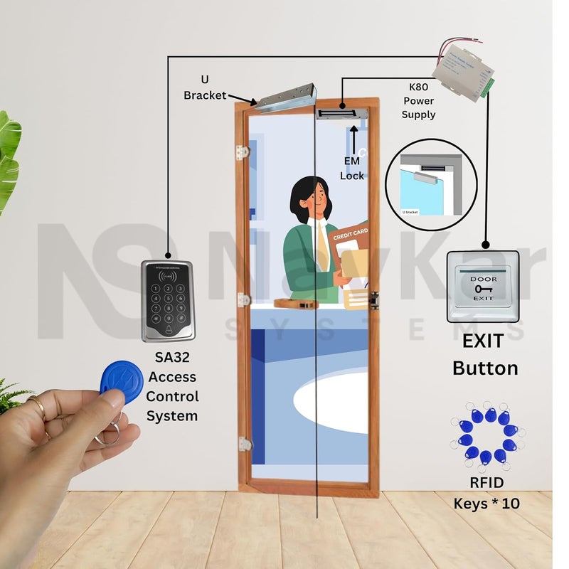 NAVKAR SYSTEMS NAVKAR SYSTEMS RFID Pin Access Control System EM Lock 600 Lbs U Bracket K80 Supply PVC Button Keychain Tag 10 Nos for Toughened Glass Door  - Image 4