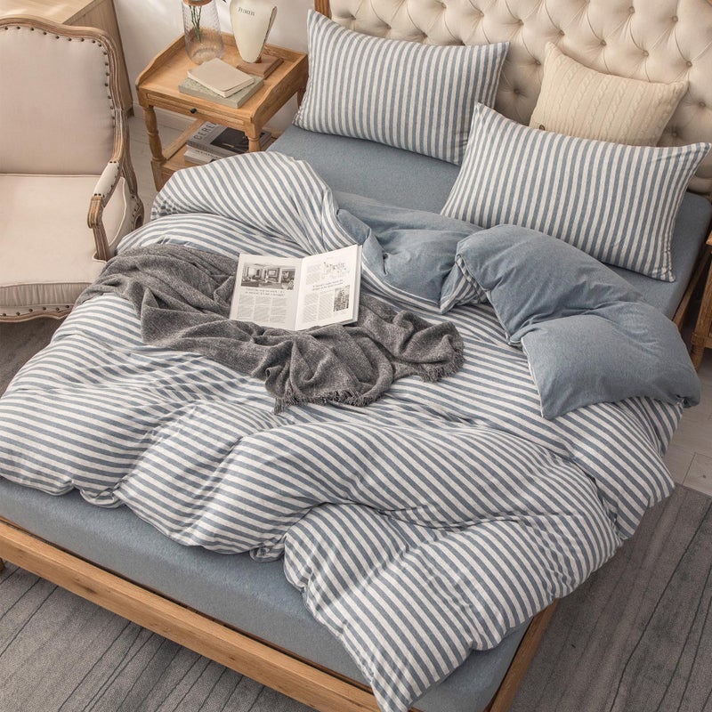 PURE ERA Jersey Knit Duvet Cover Set 100% T-Shirt Heather Cotton Super Soft Comfy Classic Striped Design, with Zipper Closure, Heather Blueish Grey Stripe, Queen - Image 4