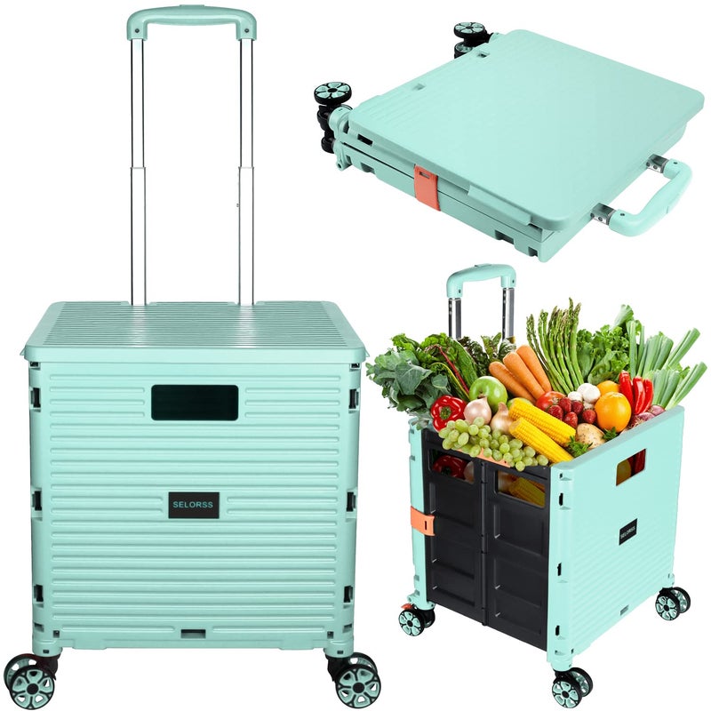 SELORSS SELORSS Foldable Utility Cart Portable Collapsible Crate Rolling Carts with Wheels Rolling Tote Basket Teacher Cart with Lid WearResistant 360Rotate Wheel Noiseless for Shopping Storage Office Use 
