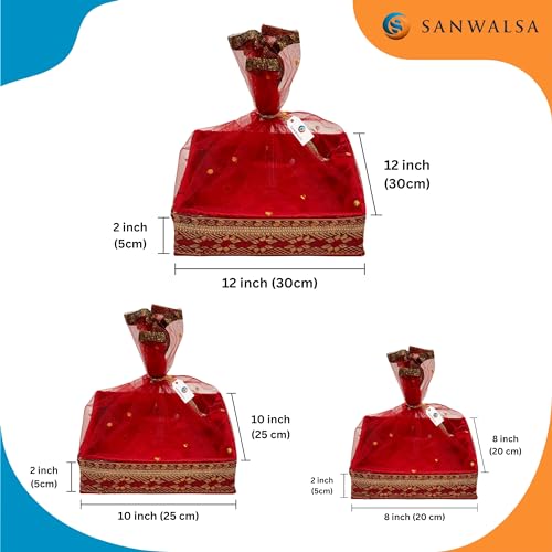 SANWALSA (Set of 3, 8",10",12" inch, Square) MDF Base Designer Gift Hamper Packaging Baskets with Net Cover, Gift Hamper Organiser perfect for any occasion (Red) - Image 4